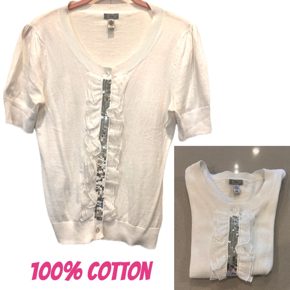 Sequins & Ruffles Short Sleeve Lightweight 100% Cotton Sweater Cardigan SZ S